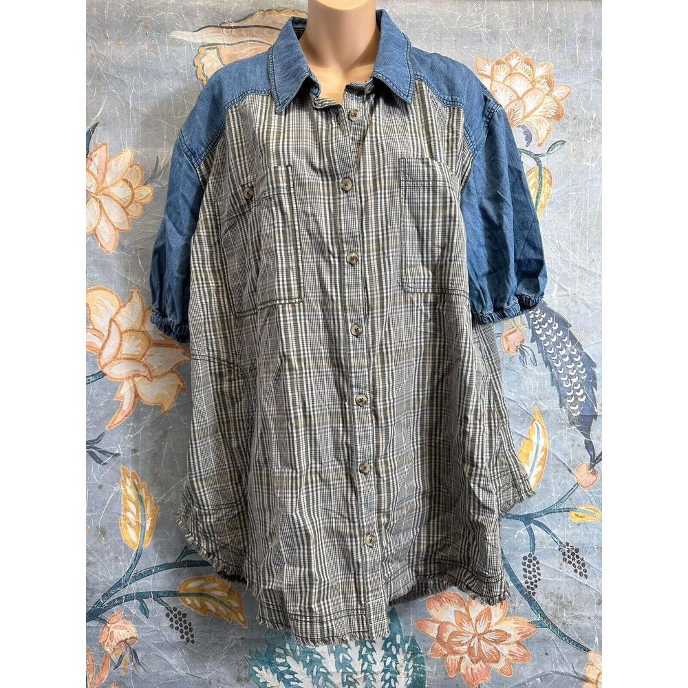 Free People Runaway Plaid And Denim Top Size L - Picture 2 of 5